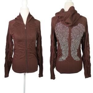 Vintage Y2K F&F Brown Stretchy Zip Up Hoodie w/ Rhinestone Angel Wings
